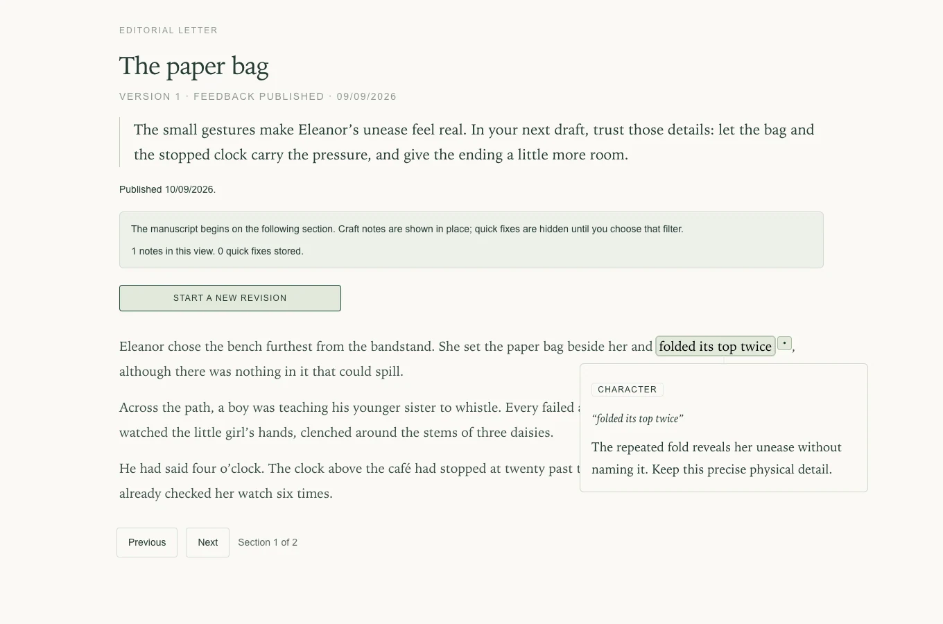 A craft comment open beside its highlighted passage